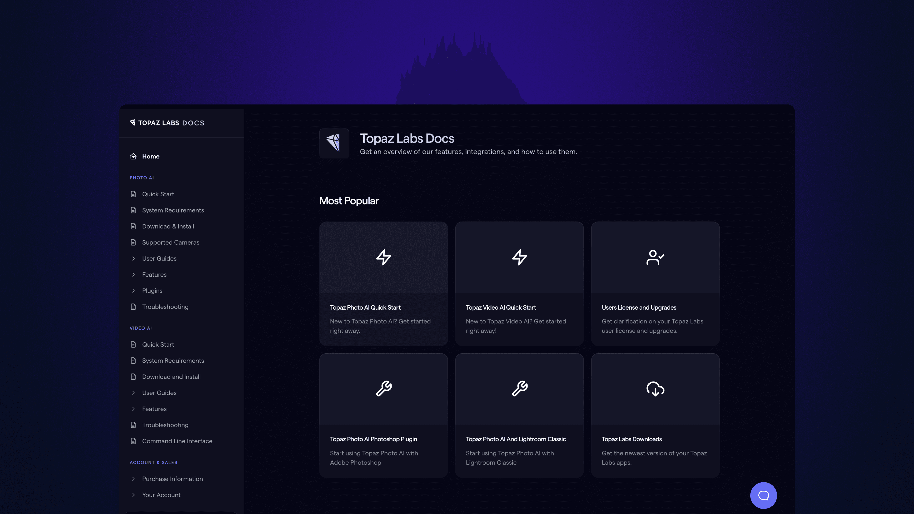 Topaz homepage, a list of cards showing most popular areas